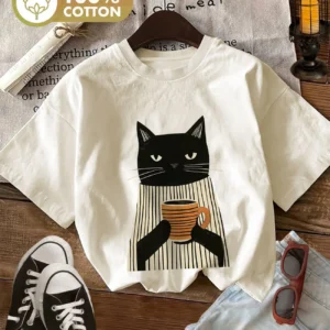 Cute Black Cat with Coffee 100% Cotton Women's T-Shirt Soft Crew Neck Short Sleeve Top Tee Shirt Oversized Funny Female Trendy