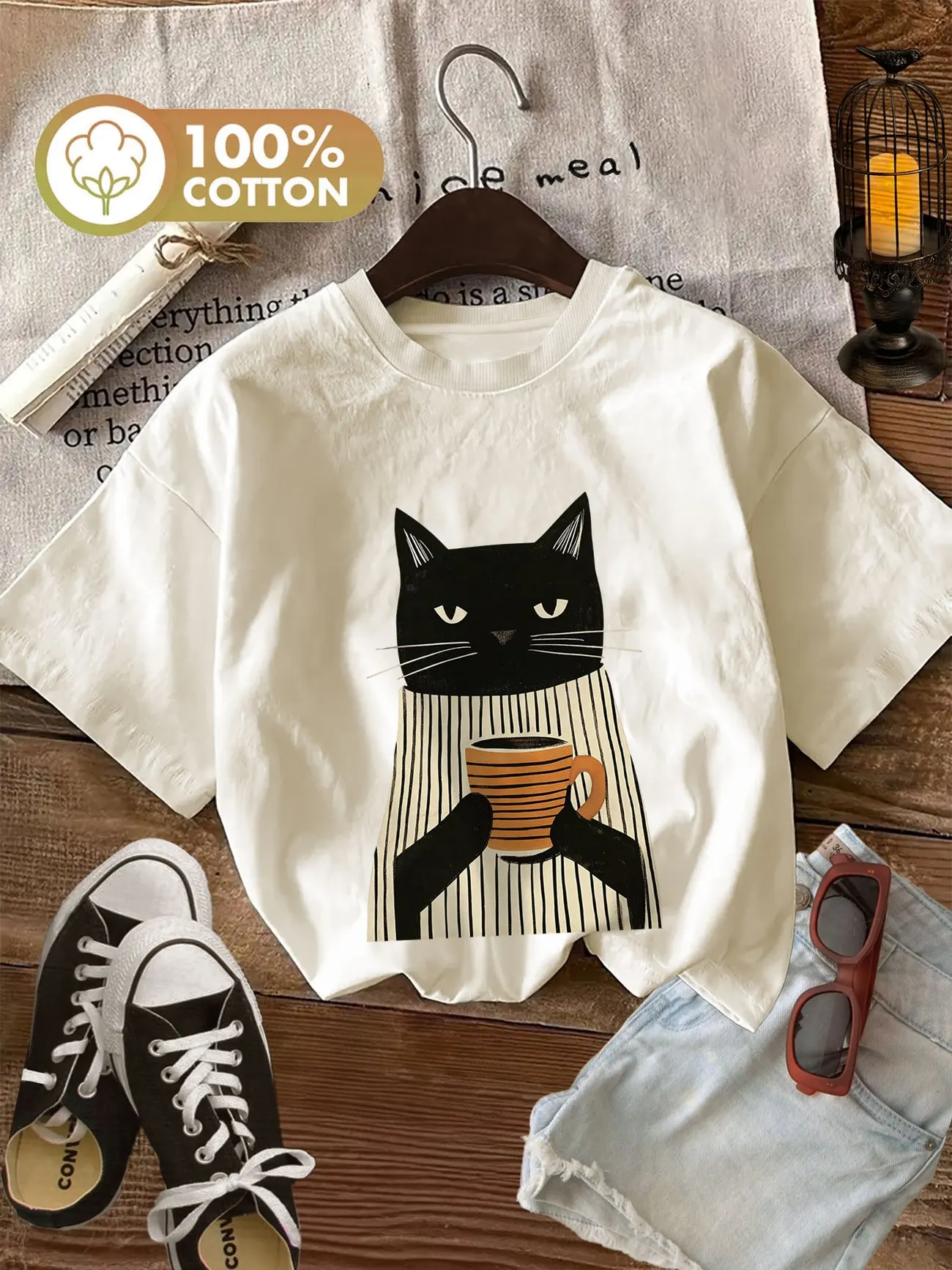 Cute Black Cat With Coffee 100% Cotton Women'S T-Shirt Soft Crew Neck Short Sleeve Top Tee Shirt Oversized Funny Female Trendy Cute Black Cat With Coffee 100% Cotton Women'S T-Shirt Soft Crew Neck Short Sleeve Top Tee Shirt Oversized Funny Female Trendy