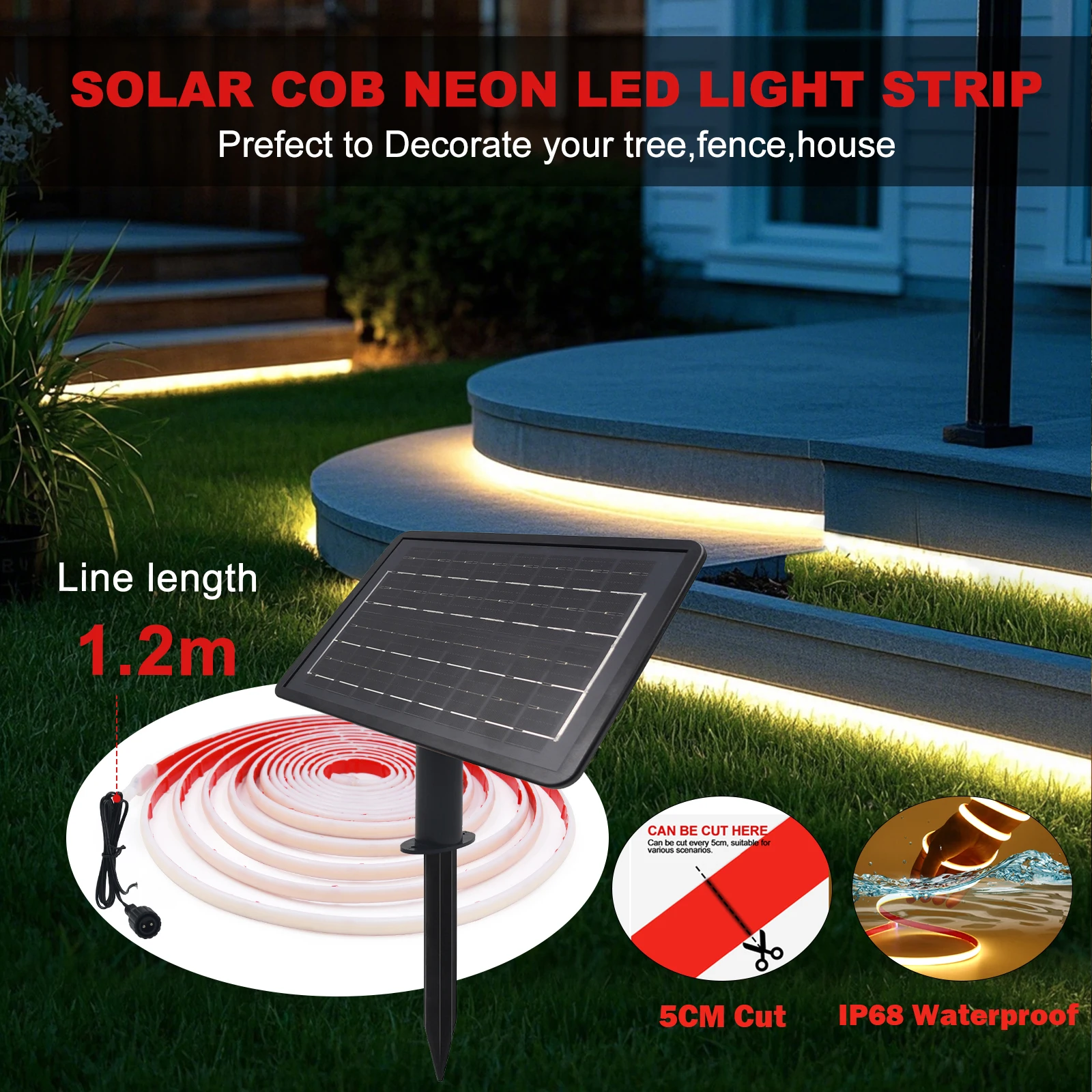 Dc24V Solar Powered Cob Neon Led Strip Ip68 Waterproof 320Leds/M Flexible Adhesive Ribbon Rope Light Home Garden Linear Lighting Dc24V Solar Powered Cob Neon Led Strip Ip68 Waterproof 320Leds/M Flexible Adhesive Ribbon Rope Light Home Garden Linear Lighting - Image 3