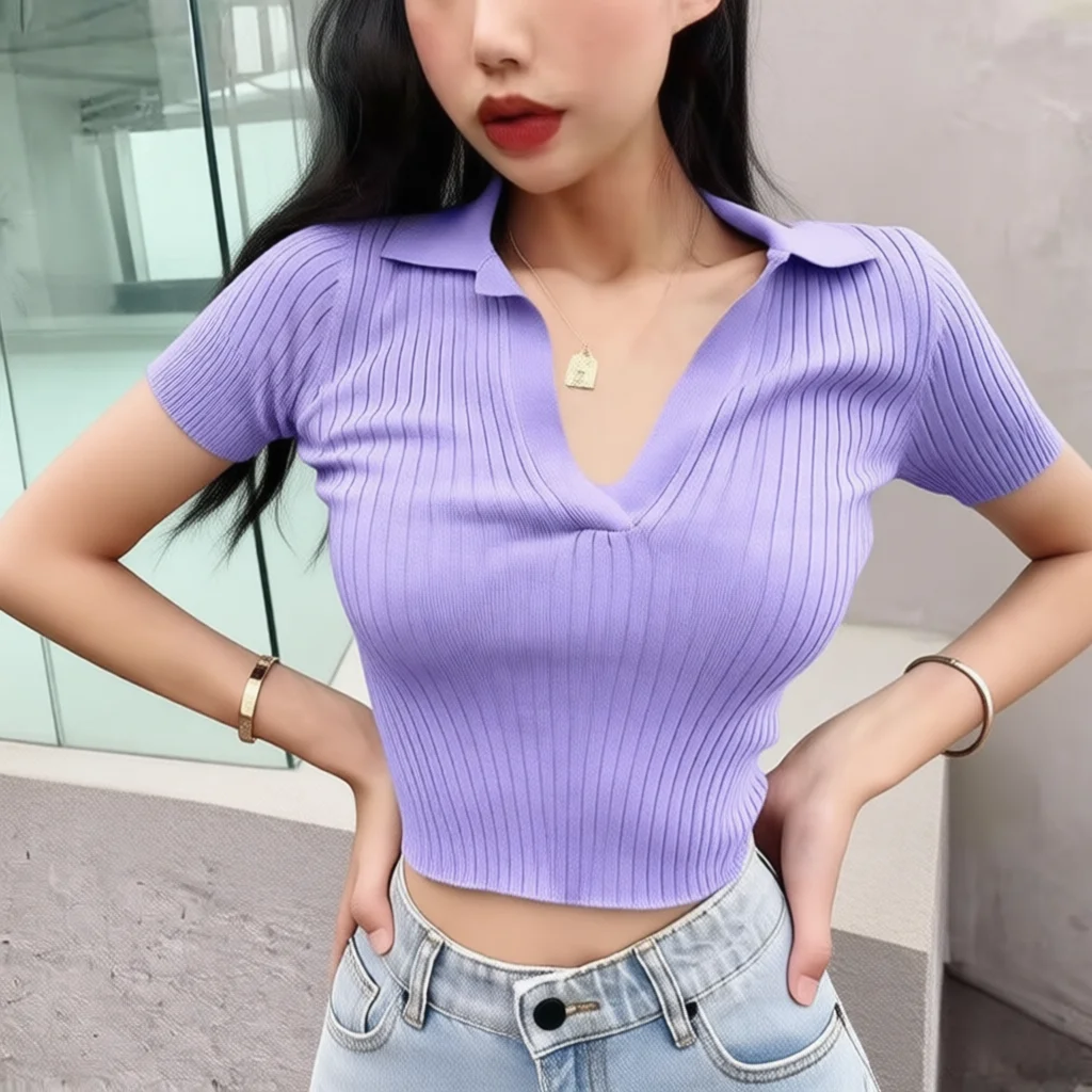 Womens Summer French Polo Knit Top Vintage Short Sleeve V Neck Slim Fit Crop Shirt Sexy Casual Solid Color Blouse Womens Summer French Polo Knit Top Vintage Short Sleeve V Neck Slim Fit Crop Shirt Sexy Casual Solid Color Blouse - Image 5
