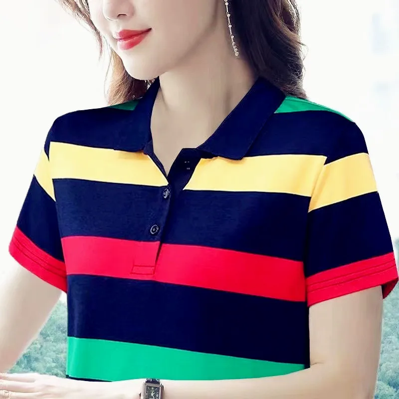 Women Summer Tops Strip Tees Sexy Vintage Short Sleeve 5Xl Polo T Shirts Loose Casual Befree Boho Tees Women Summer Tops Strip Tees Sexy Vintage Short Sleeve 5Xl Polo T Shirts Loose Casual Befree Boho Tees - Image 2