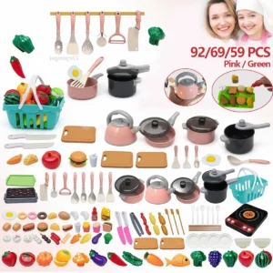 Kids Play Kitchen Toys Set Mini 92/69/59 PCS Pretend Cooking Food with Pots Pans Utensils for Toddlers Girls Boys Children Gift