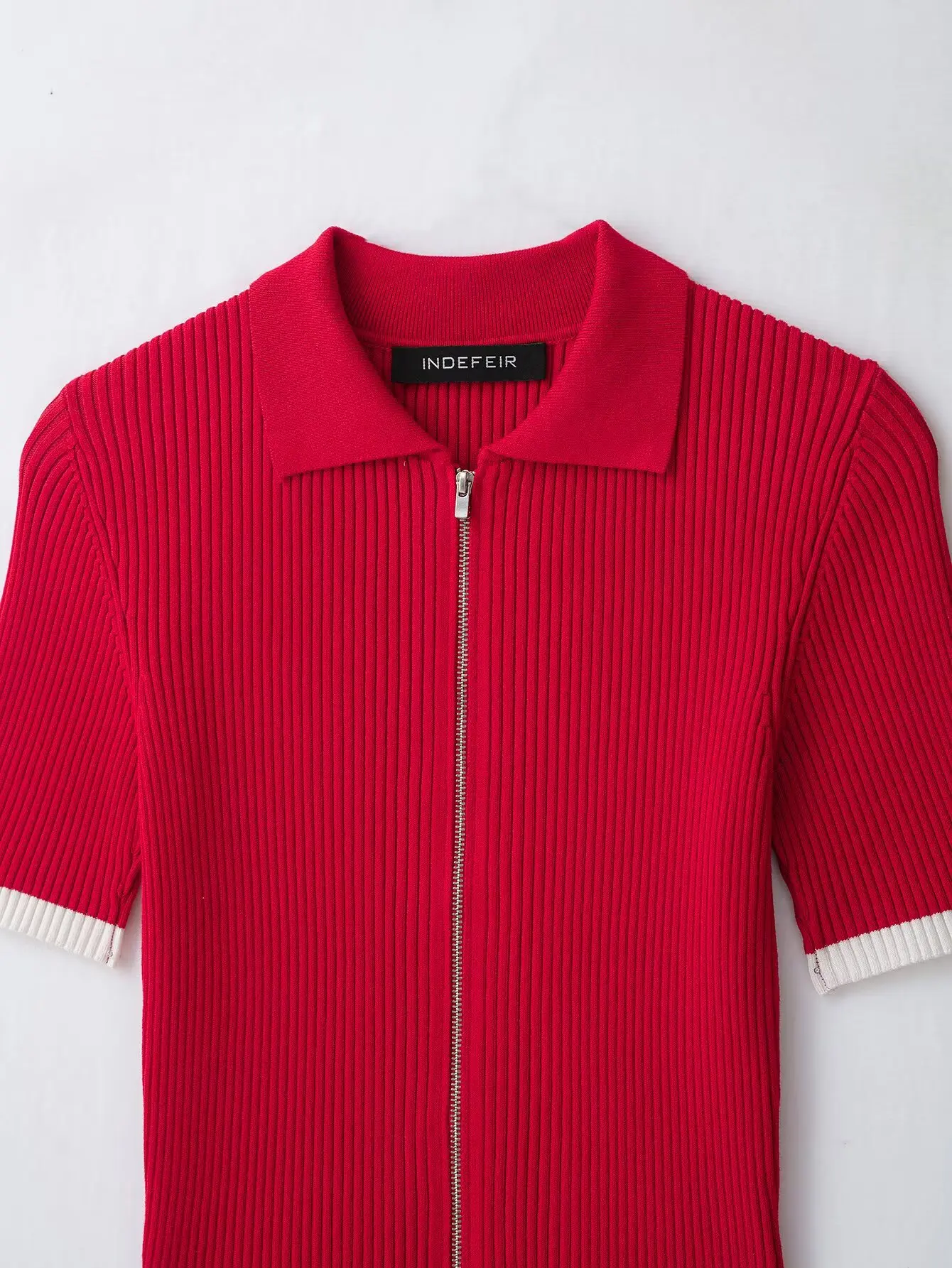 Bsay 2026 Y2K Street Style Women Ribbed Knit Polo Tee Lapel Full Zip Contrast White Cuff Short Sleeve Fitted Cropped Knit Top Bsay 2026 Y2K Street Style Women Ribbed Knit Polo Tee Lapel Full Zip Contrast White Cuff Short Sleeve Fitted Cropped Knit Top - Image 3