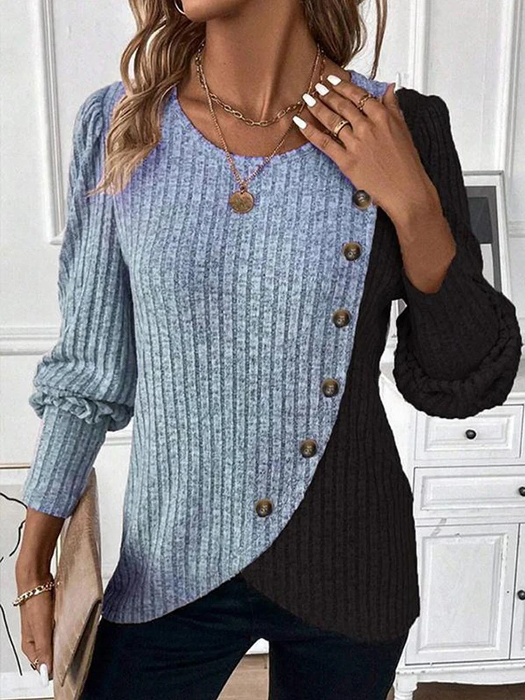 Herbst Langarm Tasten Pit Gestreiften Frauen Pullover Kontrast Farbe Lange Hülse O-ansatz Pullover Lose Einfache Gestrickte Kleidung – Bild 2