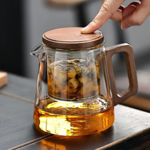 Kreative Teetrennung Glas-Teekanne 650 ml hitzebeständige Teekanne mit Teesiegen mit Holzgriff Tee-Wasser-Trennung