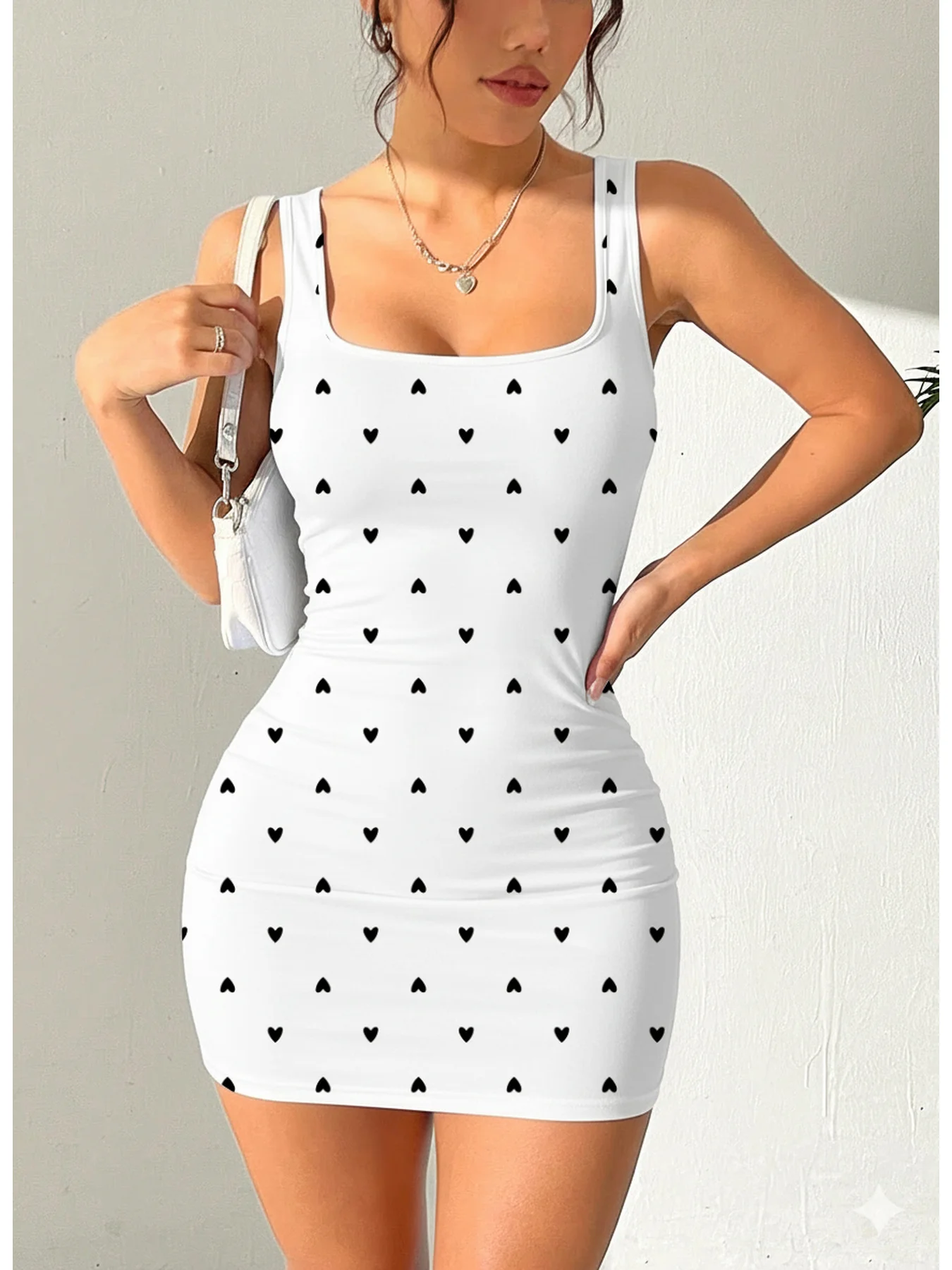 Women'S Summer Casual Waist Cinched Square Collar Shoulder Strap Heart-Shaped Printed Sleeveless Dress, Mid Length Skirt Women'S Summer Casual Waist Cinched Square Collar Shoulder Strap Heart-Shaped Printed Sleeveless Dress, Mid Length Skirt - Image 3