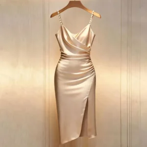 Elegantes Sommerkleid mit Spaghettiträgern, Schlitz und Perlenbesatz