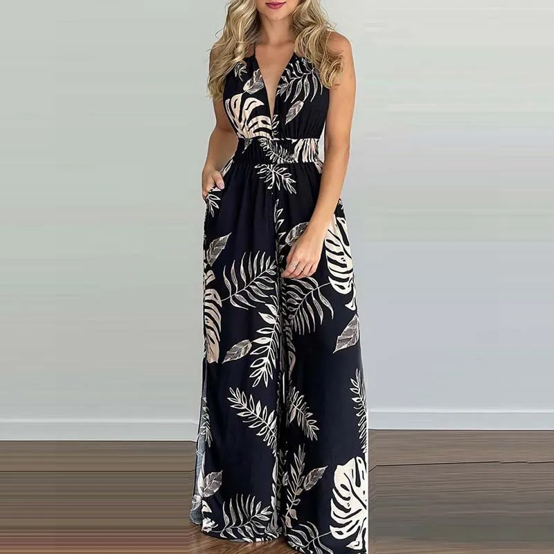 Neue Sommer Ärmellose Neckholder-Jumpsuits Für Damen Rückenfreier Bedruckter Schnür-Jumpsuit Mit Weitem Bein Damen-Jumpsuit Q3706 Neue Sommer Ärmellose Neckholder-Jumpsuits Für Damen Rückenfreier Bedruckter Schnür-Jumpsuit Mit Weitem Bein Damen-Jumpsuit Q3706 - Image 2