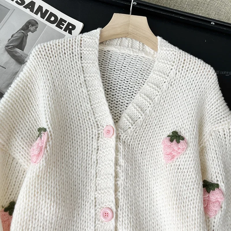 Süße Erdbeere, langärmelig, lose Strickjacken für Damen, Frühling und Herbst 2026, V-Ausschnitt, einreihig, Preppy-Stil, gestrickte Tops – Bild 5