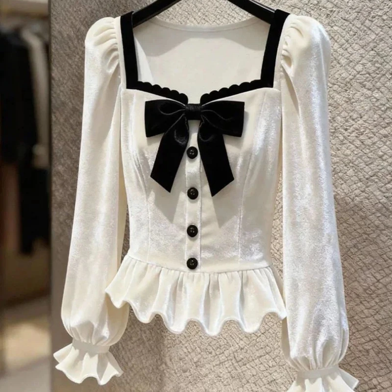 Temperament Bow Contrast Patchwork Long Sleeve Tops Tees Autumn Winter New Button Elegant T Shirts Fashion Korean Women Clothing Temperament Bow Contrast Patchwork Long Sleeve Tops Tees Autumn Winter New Button Elegant T Shirts Fashion Korean Women Clothing - Image 3