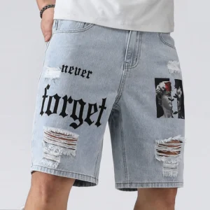 Men Summer Fashion Denim Shorts Jeans For Men Streetwear Letter Ripped Knee Length Baggy Comfort Cargo Casual Shorts Pants Jeans
