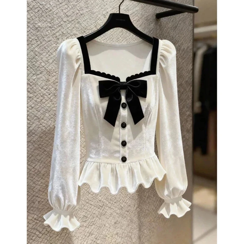 Temperament Bow Contrast Patchwork Long Sleeve Tops Tees Autumn Winter New Button Elegant T Shirts Fashion Korean Women Clothing Temperament Bow Contrast Patchwork Long Sleeve Tops Tees Autumn Winter New Button Elegant T Shirts Fashion Korean Women Clothing - Image 2