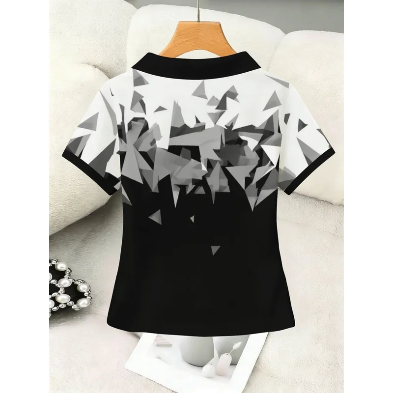 2026Black And White Geometric Printpoloshirt,Vcollarpoloshirt,Casual Loosetshirt 2026Black And White Geometric Printpoloshirt,Vcollarpoloshirt,Casual Loosetshirt - Image 2