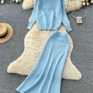 SINGREINY Gestrickte Freizeit-Sets für den Herbst: Gestreifter O-Neck-Pullover + A-Linien-Bodycon-Maxirock, schlanke, minimalistische 2-teilige Sets für Damen