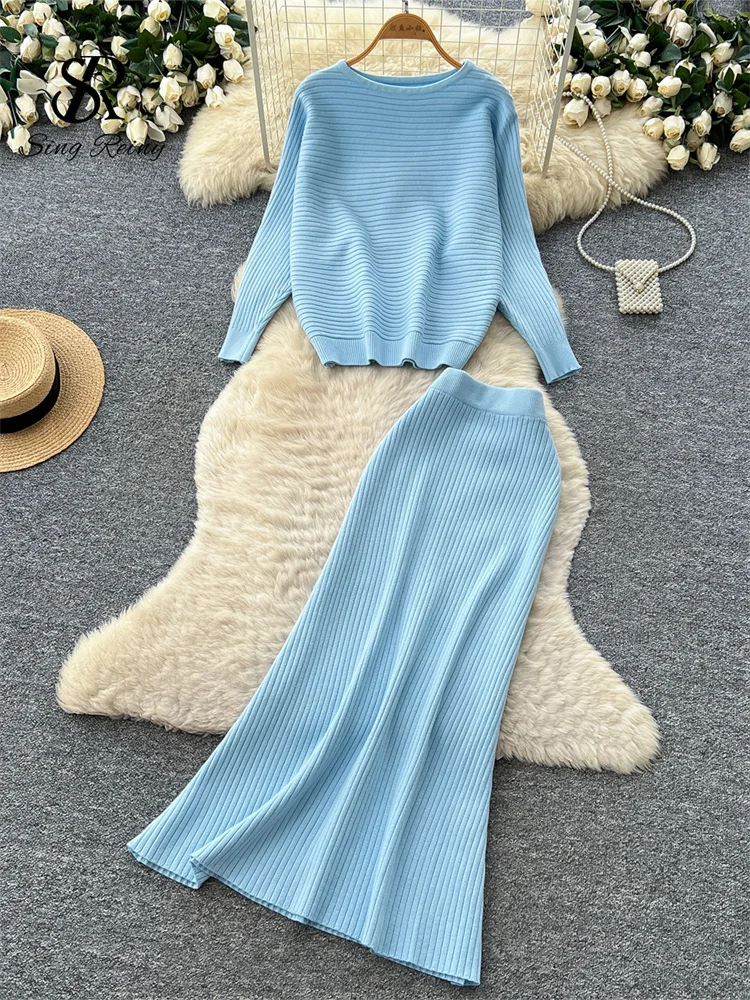 Singreiny Gestrickte Freizeit-Sets Für Den Herbst: Gestreifter O-Neck-Pullover + A-Linien-Bodycon-Maxirock, Schlanke, Minimalistische 2-Teilige Sets Für Damen Singreiny Gestrickte Freizeit-Sets Für Den Herbst: Gestreifter O-Neck-Pullover + A-Linien-Bodycon-Maxirock, Schlanke, Minimalistische 2-Teilige Sets Für Damen