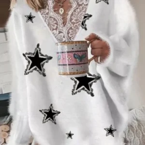 Damen-Pullover mit V-Ausschnitt und langen Ärmeln, lässig, lockere Passform, sexy Reißverschluss, warm gestrickt, bedruckt, 2024, Modetrend für Damen