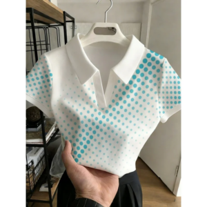Women's Stylish & Versatile Button-Free Polo Shirt – "Blue Graphics" Chic Commuter Top