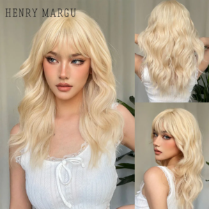 HENRY MARGU Lange gewellte blonde synthetische Perücken Platin tägliche Naturhaarperücken mit Pony Cosplay Perücke für Frauen hitzebeständig