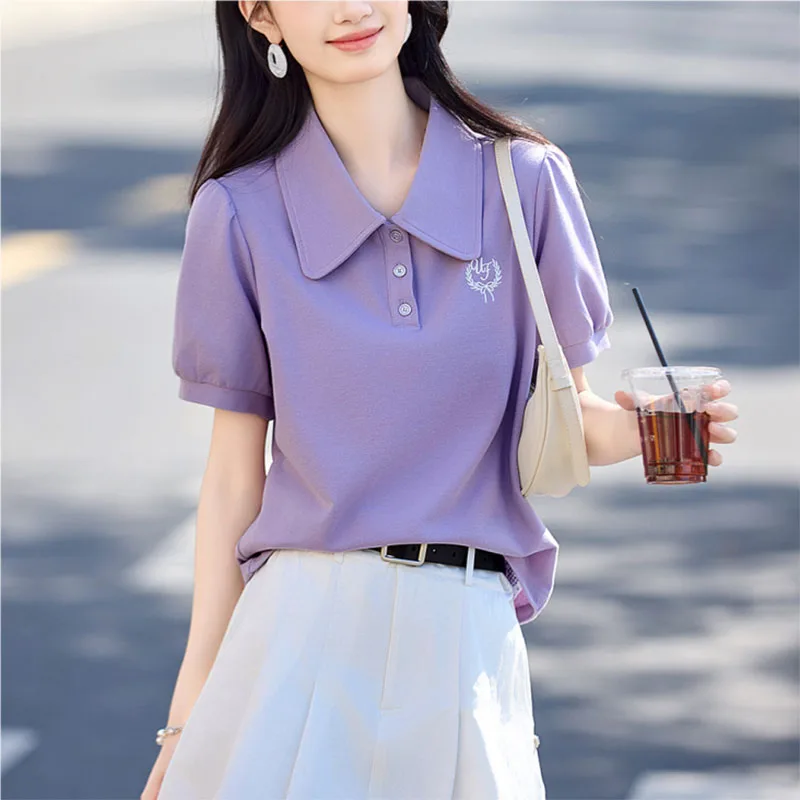 Modische Polohemden Mit Revers Und Stickerei, Puffärmel, Damenbekleidung, Sommer, Neu, Locker, Kurzarm, Freizeit-Tops, Koreanische T-Shirts Modische Polohemden Mit Revers Und Stickerei, Puffärmel, Damenbekleidung, Sommer, Neu, Locker, Kurzarm, Freizeit-Tops, Koreanische T-Shirts