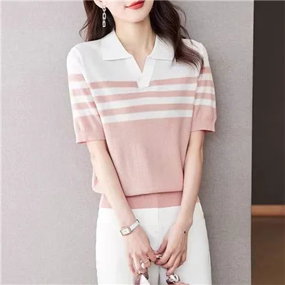 Damen Polo-Kragen T-Shirt Sommer Neu 100% Baumwolle Gestricktes Kurzarm-Freizeithemd Gestreiftes Damen-Pullover Mit Kragen Locker Geschnittenes Oberteil Damen Polo-Kragen T-Shirt Sommer Neu 100% Baumwolle Gestricktes Kurzarm-Freizeithemd Gestreiftes Damen-Pullover Mit Kragen Locker Geschnittenes Oberteil - Image 8