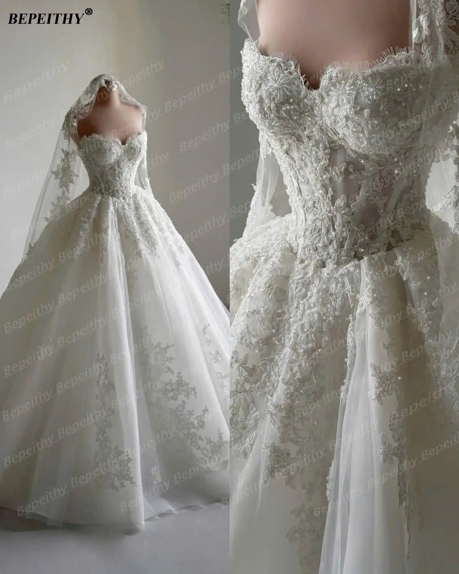 BEPEITHY Prinzessinnen-Brautkleid in Elfenbein mit Herzausschnitt, bodenlang, auch in großen Größen – Bild 4