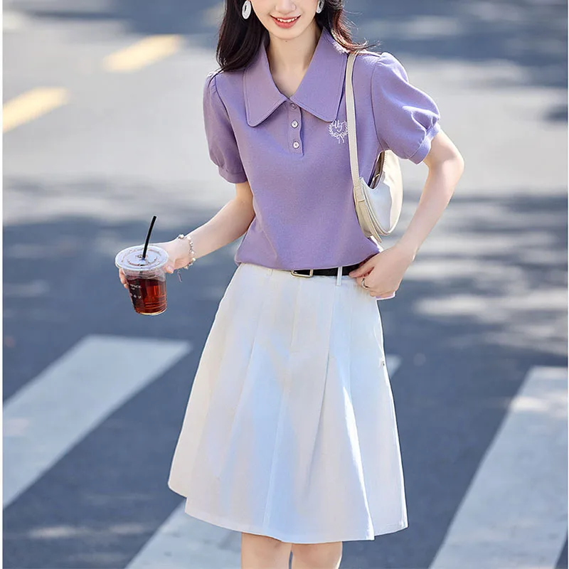 Modische Polohemden Mit Revers Und Stickerei, Puffärmel, Damenbekleidung, Sommer, Neu, Locker, Kurzarm, Freizeit-Tops, Koreanische T-Shirts Modische Polohemden Mit Revers Und Stickerei, Puffärmel, Damenbekleidung, Sommer, Neu, Locker, Kurzarm, Freizeit-Tops, Koreanische T-Shirts - Image 6