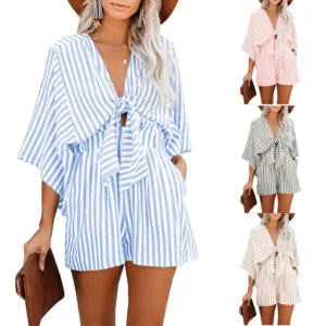 Summer waist slimming striped jumpsuit for women, European and American foreign trade deep V flared sleeve three quarter pants