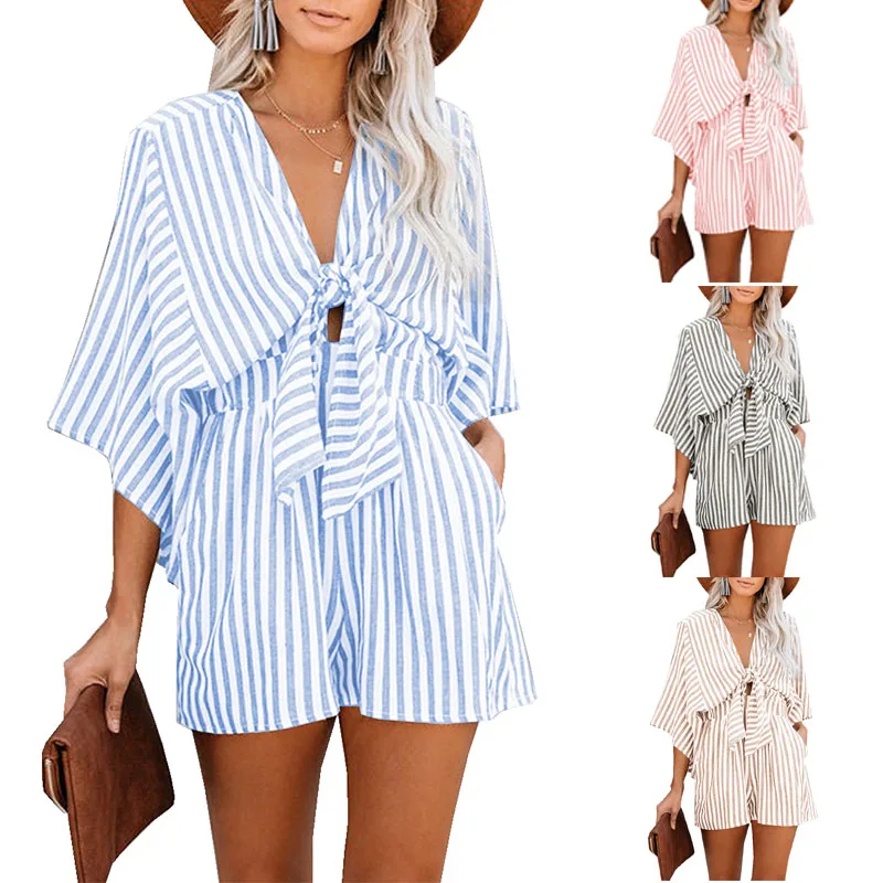 Summer Waist Slimming Striped Jumpsuit For Women, European And American Foreign Trade Deep V Flared Sleeve Three Quarter Pants Summer Waist Slimming Striped Jumpsuit For Women, European And American Foreign Trade Deep V Flared Sleeve Three Quarter Pants
