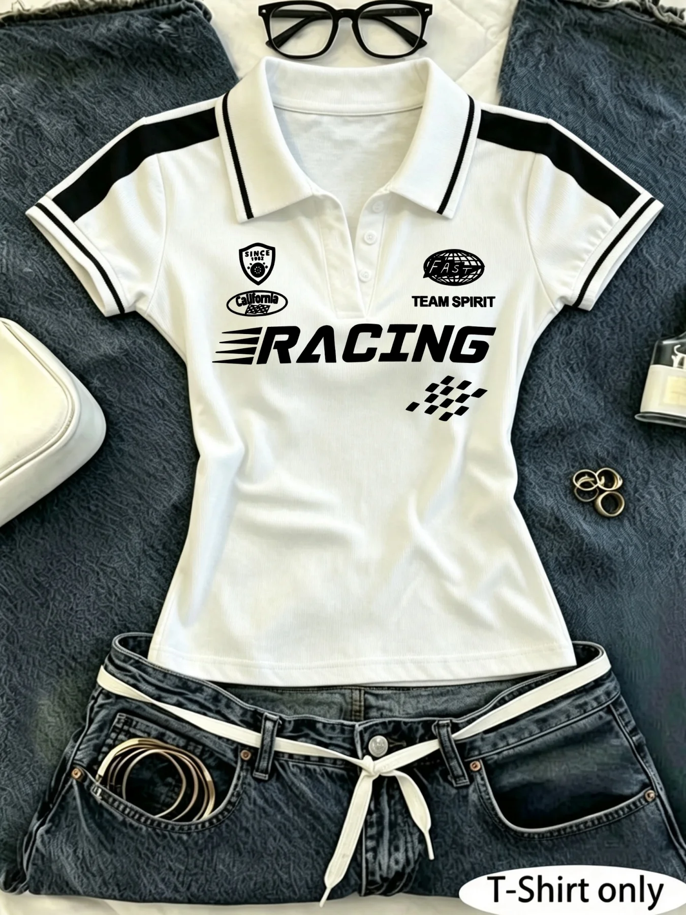 Women Y2K Chicago Graphic Polo Shirt, Short Sleeve Collared Slim Fit Crop Top Retro Racing Print Tees For Streetwear Women Y2K Chicago Graphic Polo Shirt, Short Sleeve Collared Slim Fit Crop Top Retro Racing Print Tees For Streetwear - Image 7