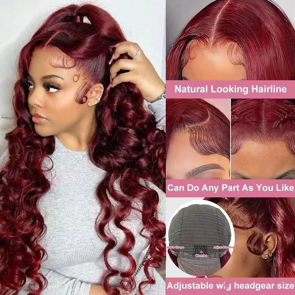 250% 13X4 Hd Transparent 99J Burgundy Loose Wave Lace Front Wigs Deep Wave Frontal Wig Colored 99J Burgundy Deep Curly Lace Front Human Hair Wigs Preplucked For Women 250% 13X4 Hd Transparent 99J Burgundy Loose Wave Lace Front Wigs Deep Wave Frontal Wig Colored 99J Burgundy Deep Curly Lace Front Human Hair Wigs Preplucked For Women - Image 2
