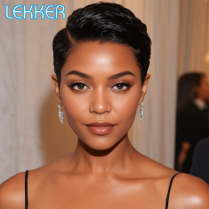 Lekker Schwarze Kurze Pixie-Perücke 13X1 C-Part Lace Front 100% Echthaar-Perücken für Frauen Klebefreie Brasilianische Remy-Haar Glatte Perücken
