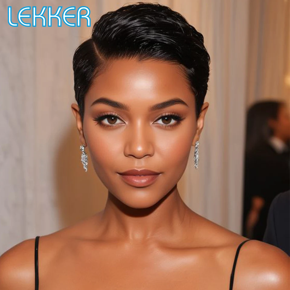 Lekker Schwarze Kurze Pixie-Perücke 13X1 C-Part Lace Front 100% Echthaar-Perücken Für Frauen Klebefreie Brasilianische Remy-Haar Glatte Perücken Lekker Schwarze Kurze Pixie-Perücke 13X1 C-Part Lace Front 100% Echthaar-Perücken Für Frauen Klebefreie Brasilianische Remy-Haar Glatte Perücken