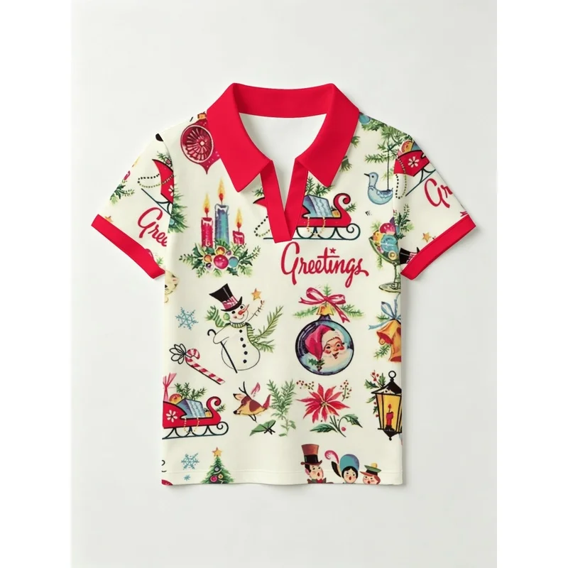 Women'S Vintage Christmas Print Polo Shirt, White Red V-Neck Short Sleeve Collared Casual Holiday Tee For Ladies Women'S Vintage Christmas Print Polo Shirt, White Red V-Neck Short Sleeve Collared Casual Holiday Tee For Ladies - Image 3