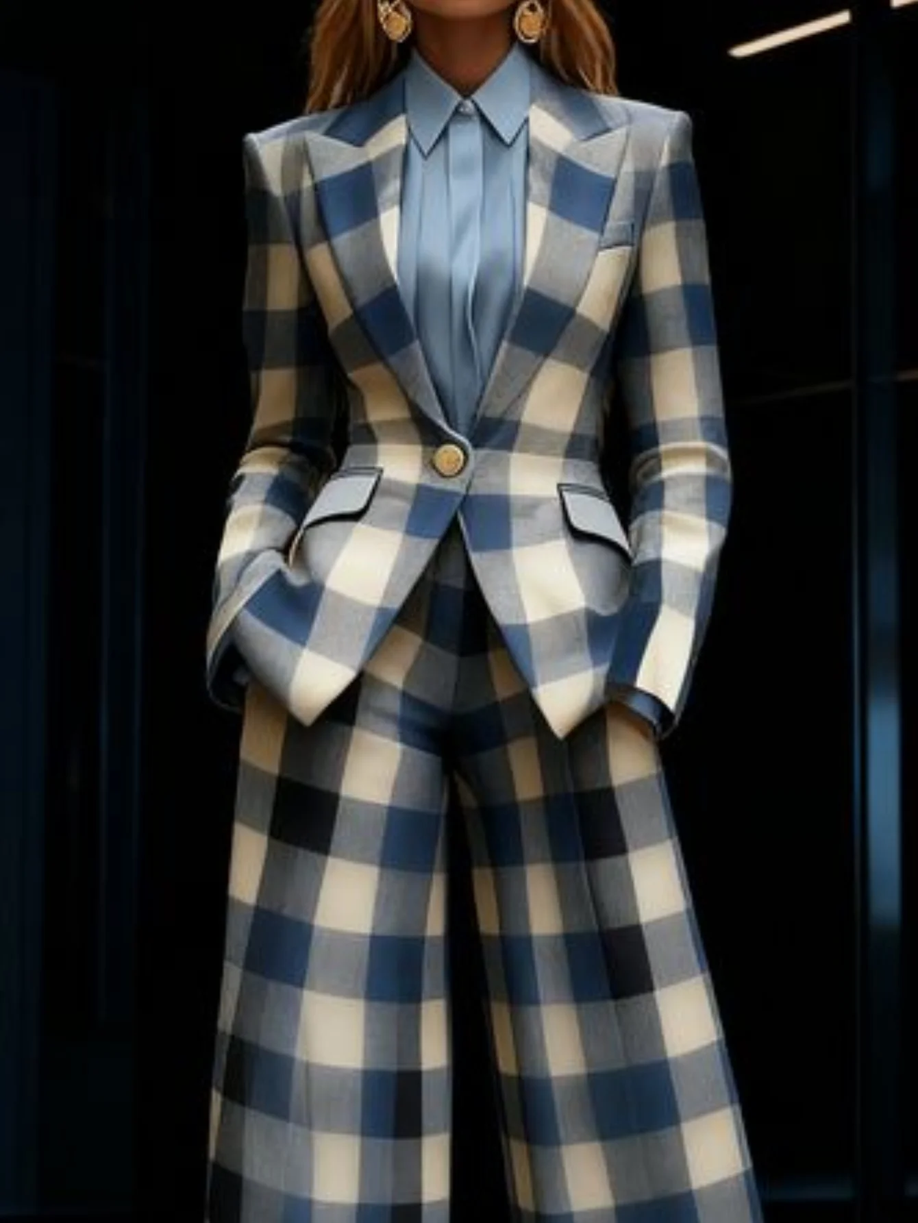 Damen Business-Anzug Kariert: Blazer Mit Einem Knopf Und Hochtaillierte Weite Hose Damen Business-Anzug Kariert: Blazer Mit Einem Knopf Und Hochtaillierte Weite Hose - Image 6