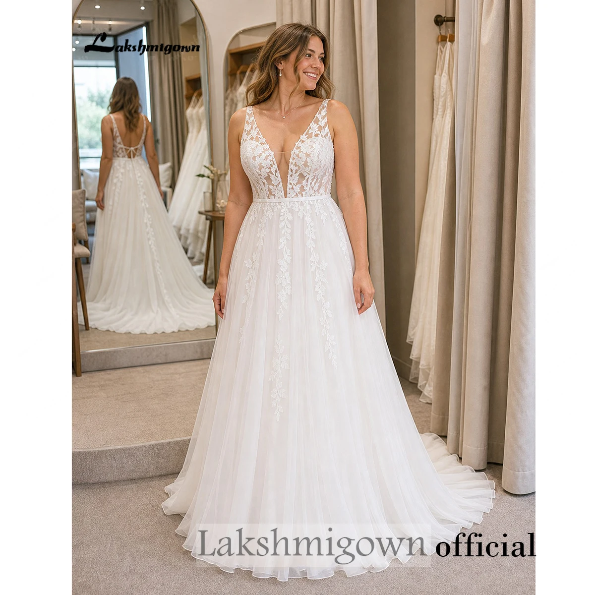 Lakshmigown Sexy Boho Country Tulle Illusion Wedding Dress Deep V‑Neck Sleeveless Lace Appliques Tulle Bridal Gown Customized Lakshmigown Sexy Boho Country Tulle Illusion Wedding Dress Deep V‑Neck Sleeveless Lace Appliques Tulle Bridal Gown Customized – Bild 3