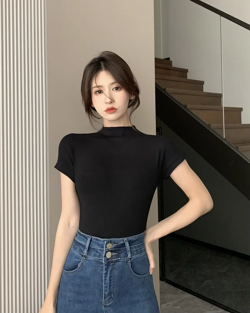 1Pcs Girls Summer Solid T-Shirts Womens Classic Basic Fashion Tees New Students Short Sleeve Slim Tops Females Mock Neck Tshirts 1Pcs Girls Summer Solid T-Shirts Womens Classic Basic Fashion Tees New Students Short Sleeve Slim Tops Females Mock Neck Tshirts - Image 4