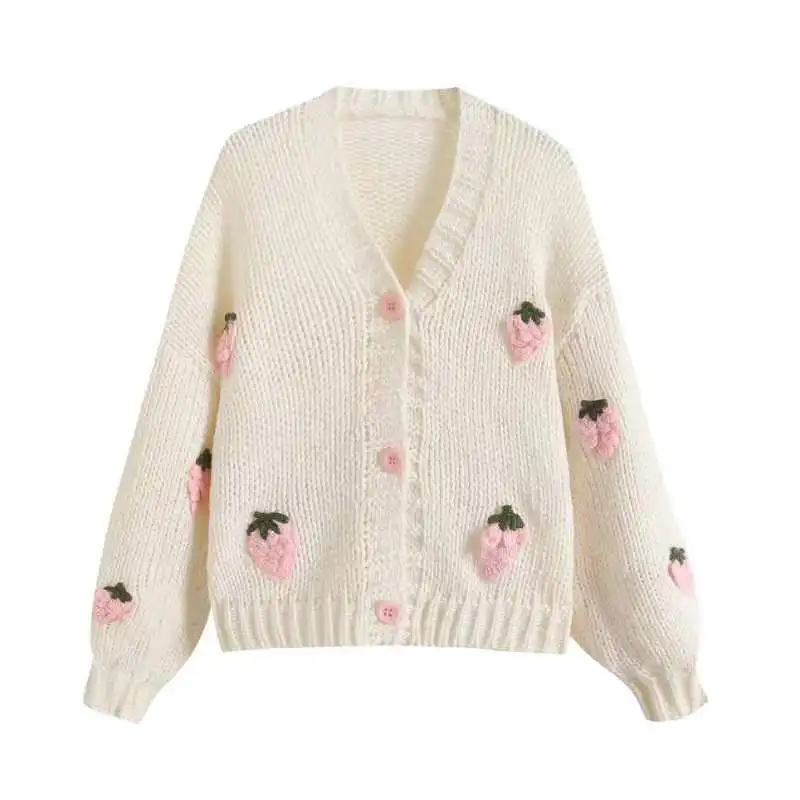 Süße Erdbeere, langärmelig, lose Strickjacken für Damen, Frühling und Herbst 2026, V-Ausschnitt, einreihig, Preppy-Stil, gestrickte Tops – Bild 7
