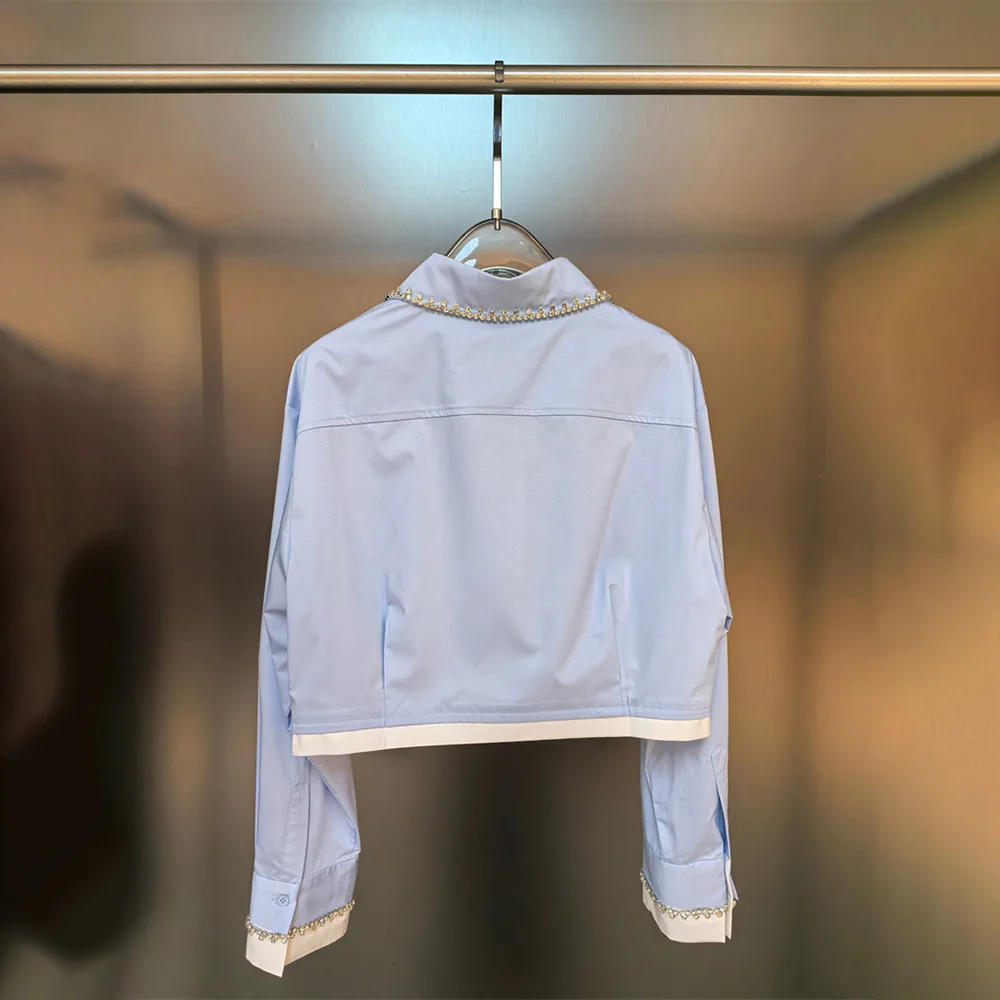2025 Autumn New Women Slim Fit Short Polo Shirt Long Sleeve Cotton Shirt With Rhinestone Design 2025 Autumn New Women Slim Fit Short Polo Shirt Long Sleeve Cotton Shirt With Rhinestone Design - Image 2