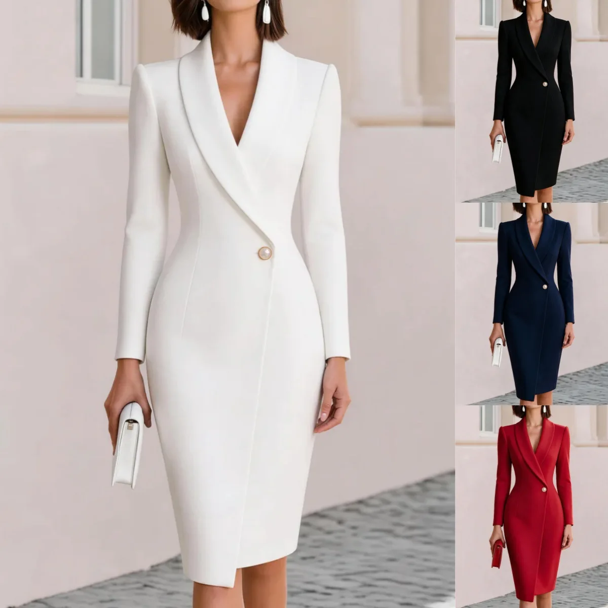 Blazer-Midikleid Mit V-Ausschnitt, Reverskragen Und Schulterpolstern, Langärmelig Blazer-Midikleid Mit V-Ausschnitt, Reverskragen Und Schulterpolstern, Langärmelig