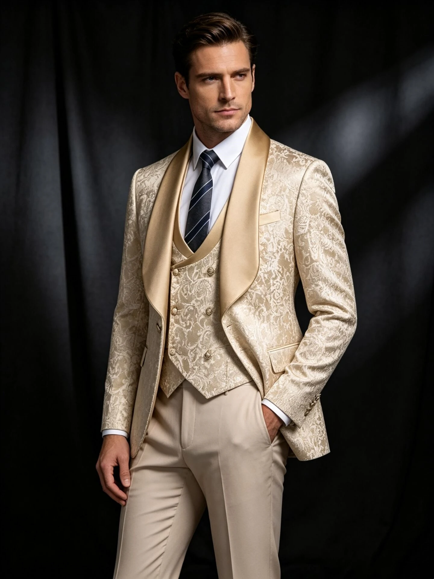 Herrenanzug Mit Jacquard-Muster, 3-Teilig, Slim Fit – Für Hochzeit Und Abschlussball Herrenanzug Mit Jacquard-Muster, 3-Teilig, Slim Fit – Für Hochzeit Und Abschlussball