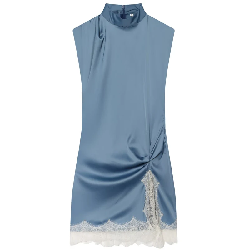 Hxao Satin-Minikleid Mit Rüschen Und Spitze In Staubblau, Ärmellos Hxao Satin-Minikleid Mit Rüschen Und Spitze In Staubblau, Ärmellos – Bild 2