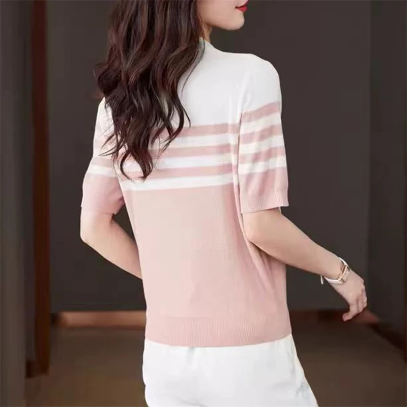 Damen Polo-Kragen T-Shirt Sommer Neu 100% Baumwolle Gestricktes Kurzarm-Freizeithemd Gestreiftes Damen-Pullover Mit Kragen Locker Geschnittenes Oberteil Damen Polo-Kragen T-Shirt Sommer Neu 100% Baumwolle Gestricktes Kurzarm-Freizeithemd Gestreiftes Damen-Pullover Mit Kragen Locker Geschnittenes Oberteil - Image 4