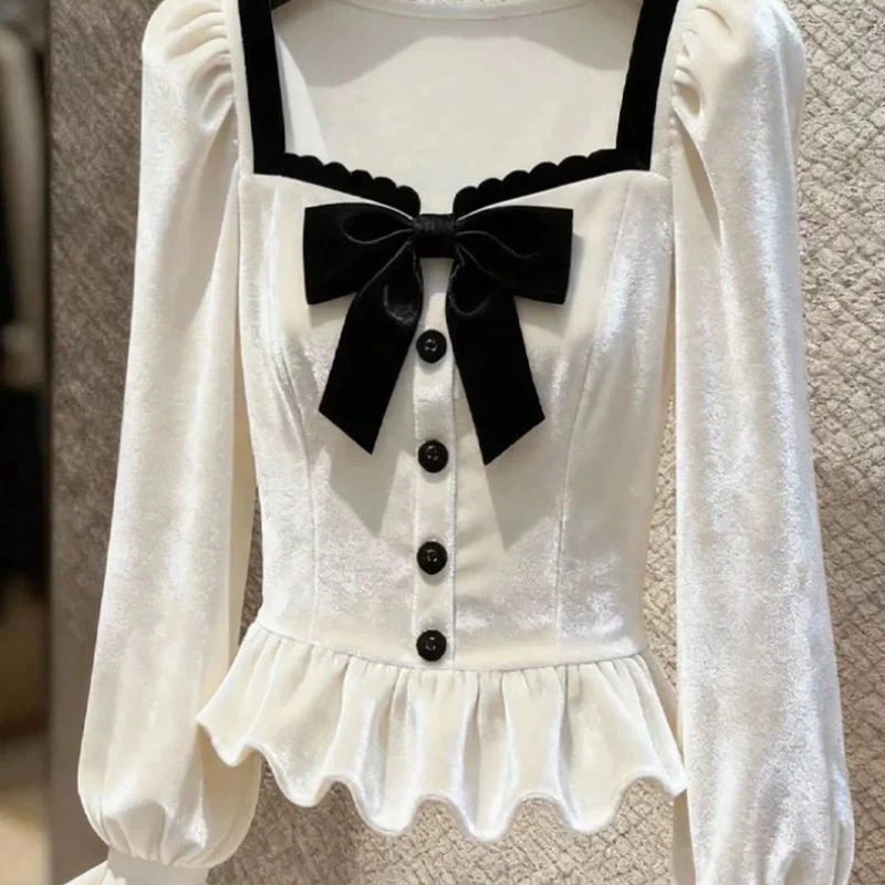 Temperament Bow Contrast Patchwork Long Sleeve Tops Tees Autumn Winter New Button Elegant T Shirts Fashion Korean Women Clothing Temperament Bow Contrast Patchwork Long Sleeve Tops Tees Autumn Winter New Button Elegant T Shirts Fashion Korean Women Clothing - Image 5