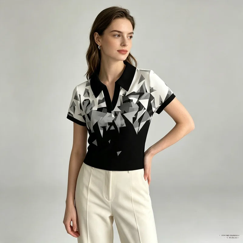 2026Black And White Geometric Printpoloshirt,Vcollarpoloshirt,Casual Loosetshirt 2026Black And White Geometric Printpoloshirt,Vcollarpoloshirt,Casual Loosetshirt - Image 3