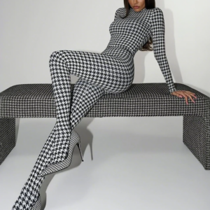 SsTss 2025 Trendy Autumn Winter Houndstooth Print Jumpsuit Women's Stand Collar Long Sleeve Slim Rompers Overalls Y2K Outfits