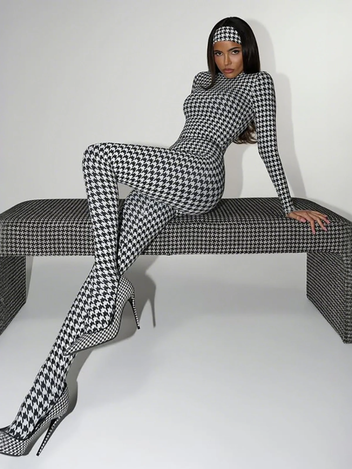 Sstss 2025 Trendy Autumn Winter Houndstooth Print Jumpsuit Women'S Stand Collar Long Sleeve Slim Rompers Overalls Y2K Outfits Sstss 2025 Trendy Autumn Winter Houndstooth Print Jumpsuit Women'S Stand Collar Long Sleeve Slim Rompers Overalls Y2K Outfits