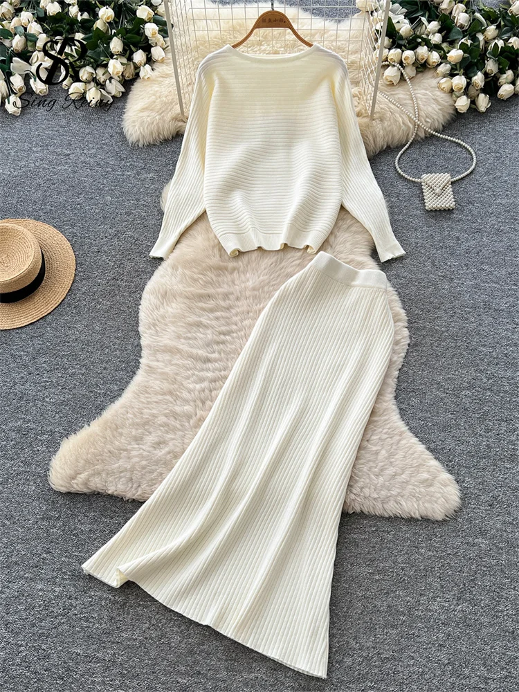 Singreiny Gestrickte Freizeit-Sets Für Den Herbst: Gestreifter O-Neck-Pullover + A-Linien-Bodycon-Maxirock, Schlanke, Minimalistische 2-Teilige Sets Für Damen Singreiny Gestrickte Freizeit-Sets Für Den Herbst: Gestreifter O-Neck-Pullover + A-Linien-Bodycon-Maxirock, Schlanke, Minimalistische 2-Teilige Sets Für Damen - Image 4