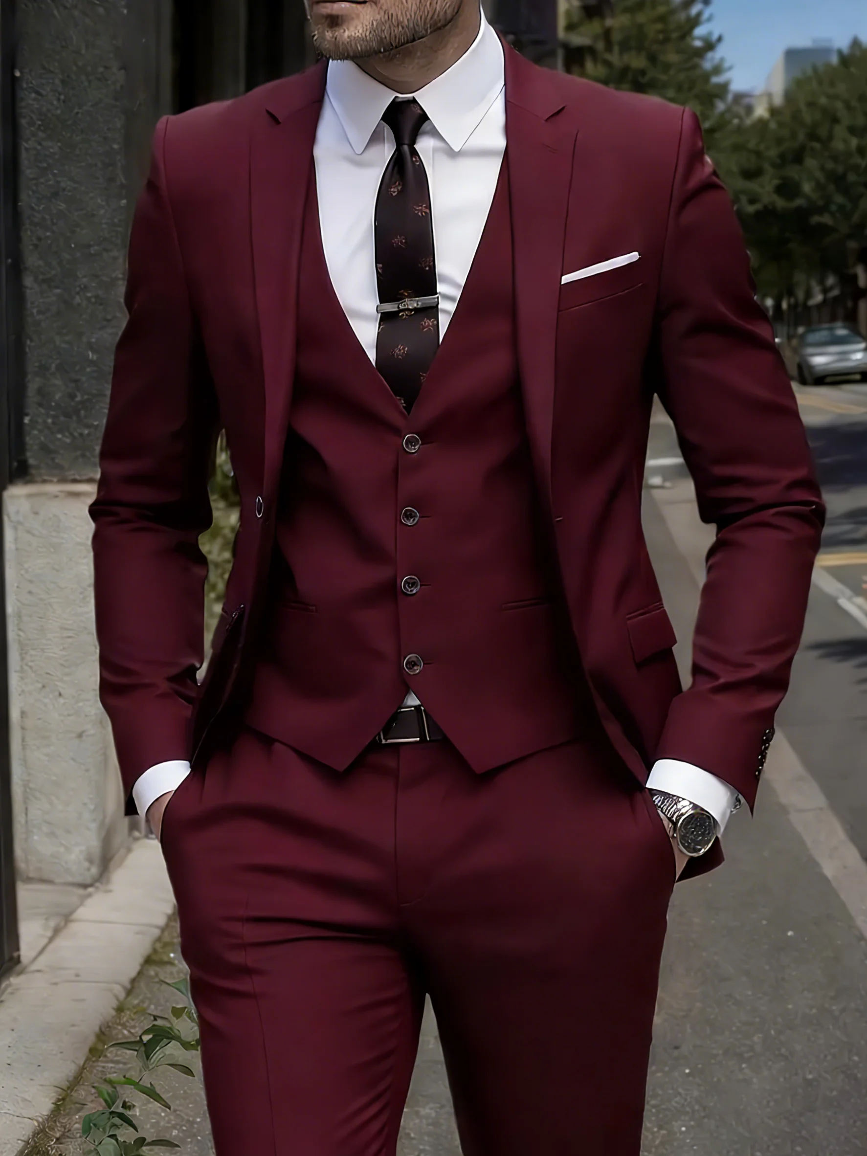 Herren Anzug 2-Teilig Bordeaux (Sakko Und Hose, Ohne Weste), Slim Fit Herren Anzug 2-Teilig Bordeaux (Sakko Und Hose, Ohne Weste), Slim Fit - Image 5