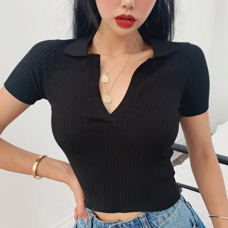 Womens Summer French Polo Knit Top Vintage Short Sleeve V Neck Slim Fit Crop Shirt Sexy Casual Solid Color Blouse Womens Summer French Polo Knit Top Vintage Short Sleeve V Neck Slim Fit Crop Shirt Sexy Casual Solid Color Blouse - Image 11