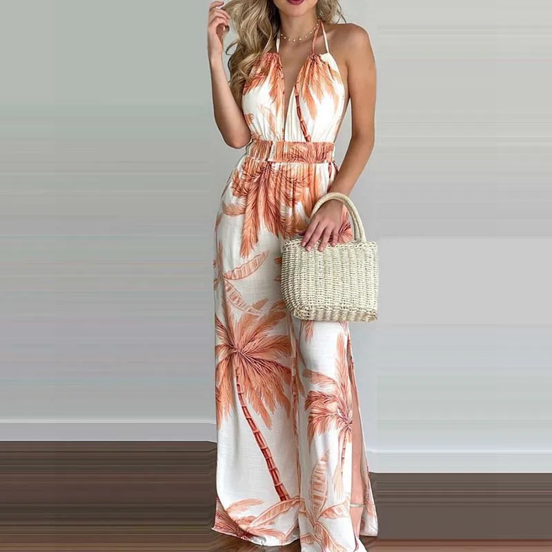 Neue Sommer Ärmellose Neckholder-Jumpsuits Für Damen Rückenfreier Bedruckter Schnür-Jumpsuit Mit Weitem Bein Damen-Jumpsuit Q3706 Neue Sommer Ärmellose Neckholder-Jumpsuits Für Damen Rückenfreier Bedruckter Schnür-Jumpsuit Mit Weitem Bein Damen-Jumpsuit Q3706 - Image 6